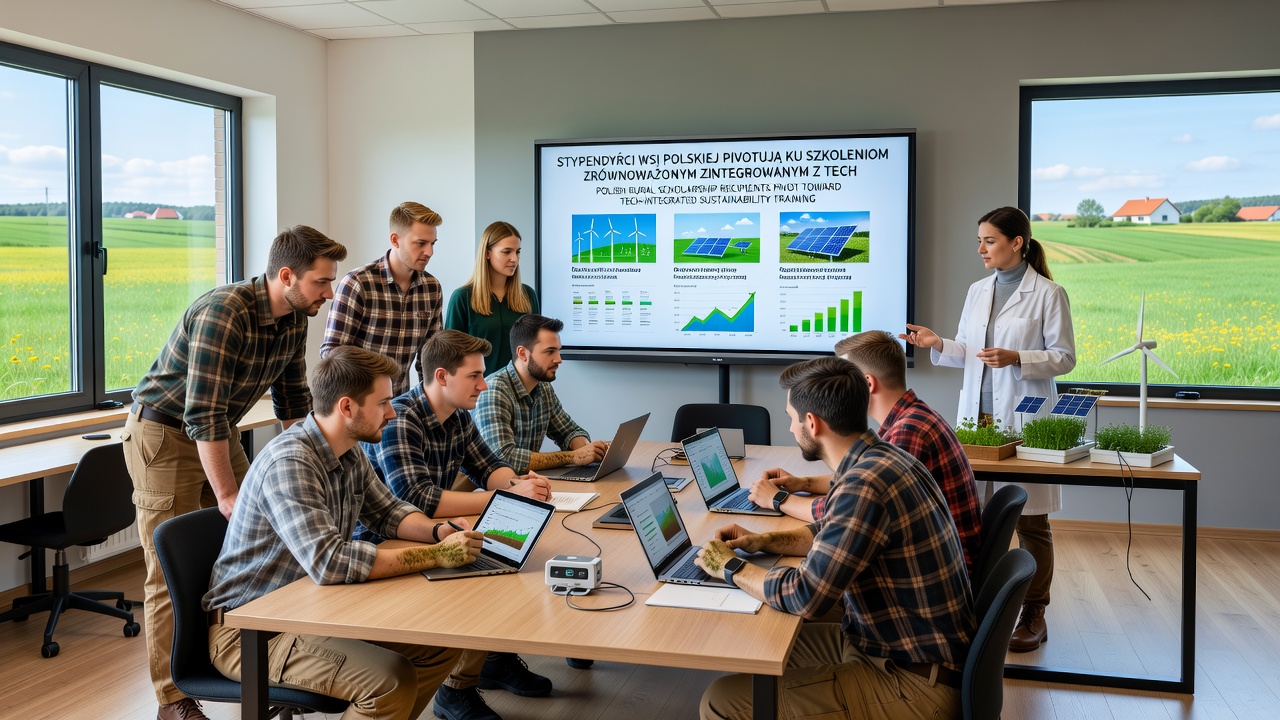 Students using simulation software for renewable energy planning during a vocational training session in rural Poland